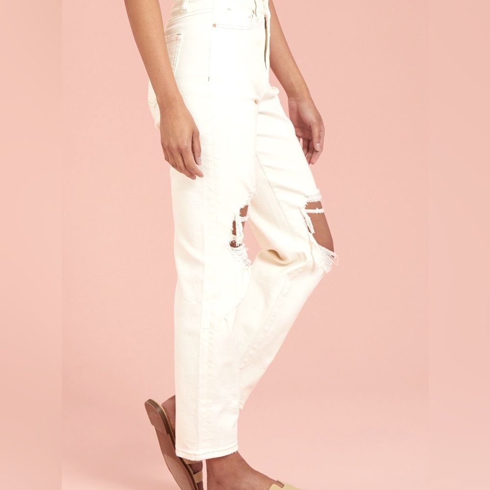 Altar'd State Straight High Rise Busted Knees Edgy versatile Jeans Cream Sz W26